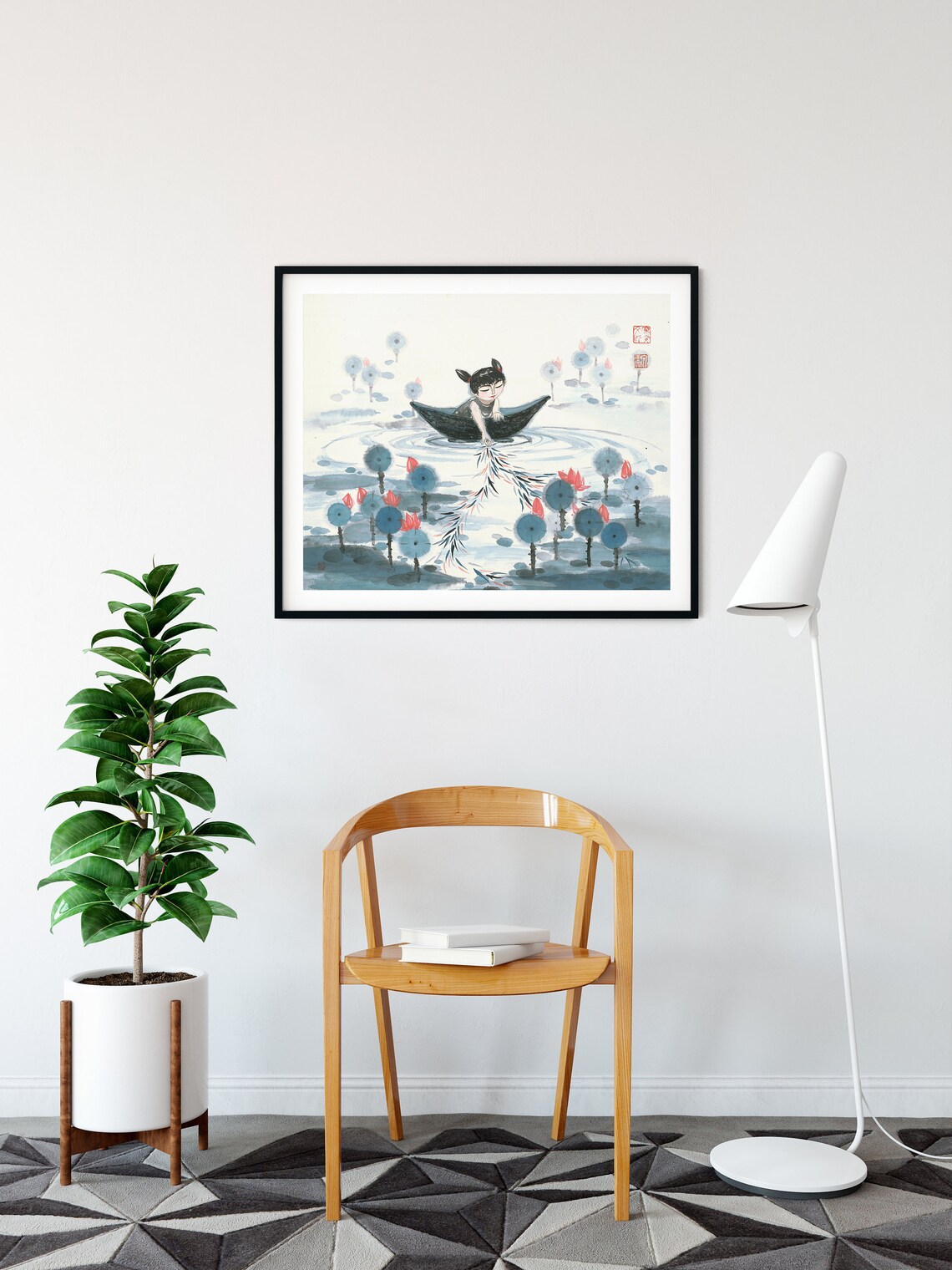 Girl Boat Waterlily Chinese Painting Art Print - Image 2