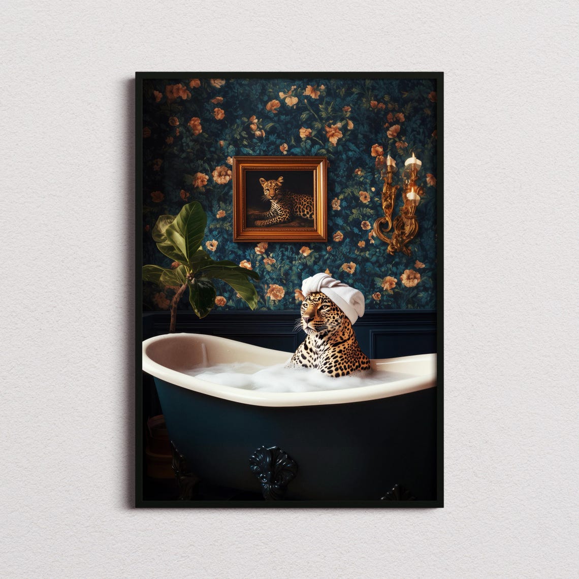 Leopard Relaxing In A Bubble Bath Vintage Bathroom Fun Poster