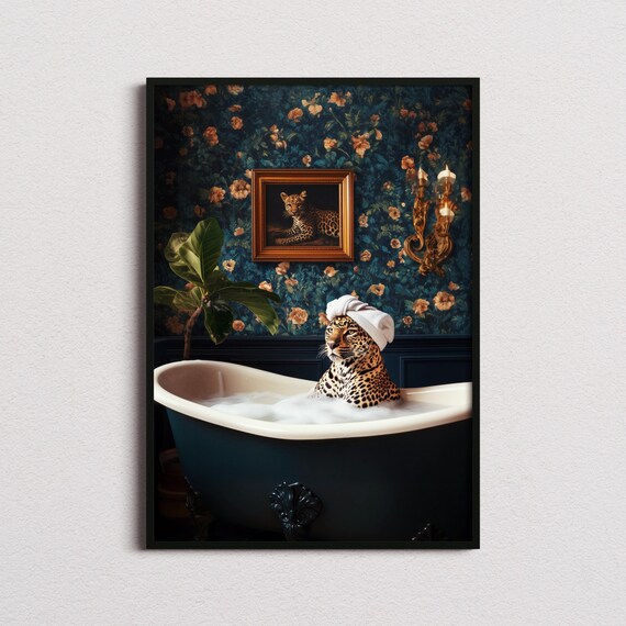Leopard Relaxing In A Bubble Bath Vintage Bathroom Fun Poster