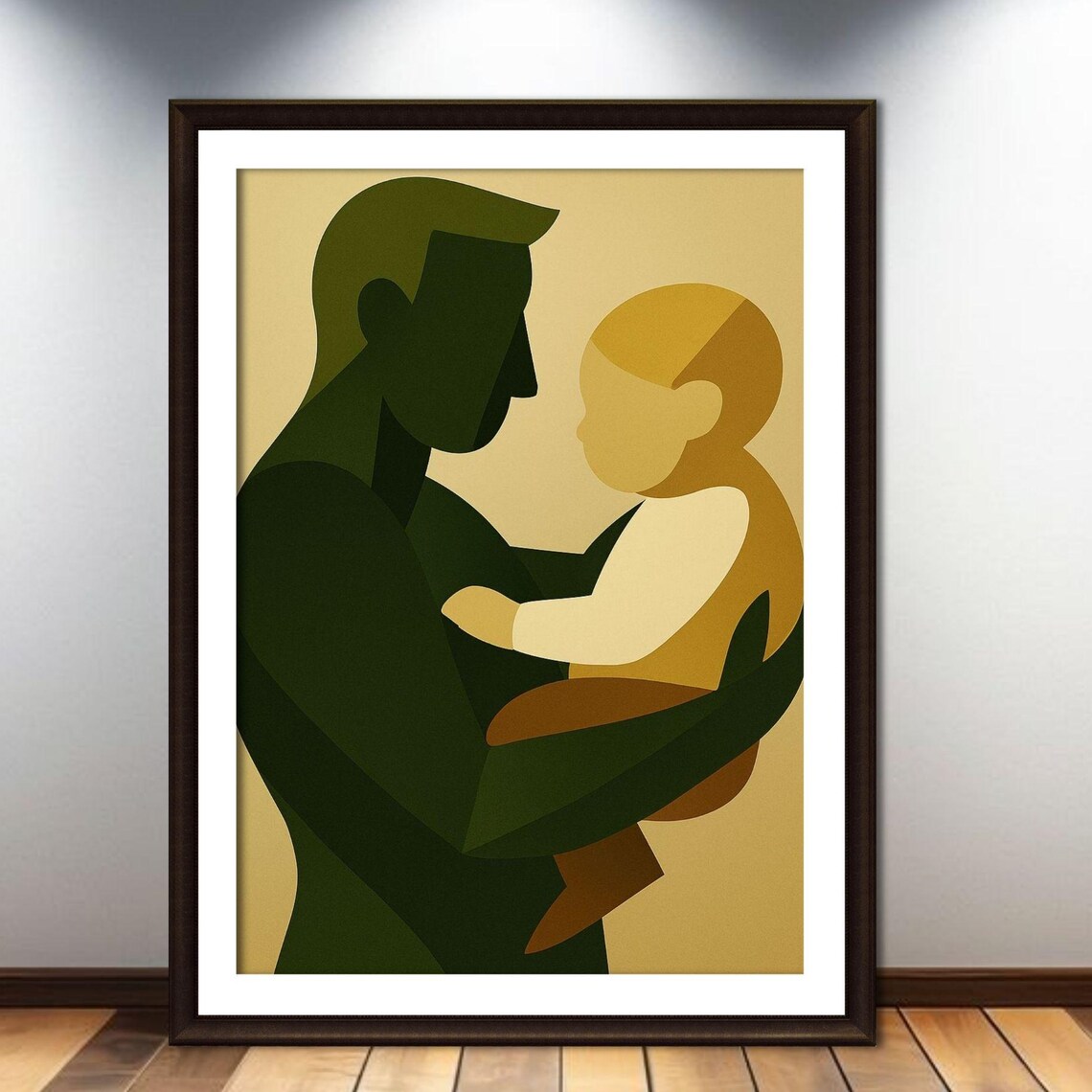 Father Holding Child Silhouette Minimalist Family Art Poster In Olive And Gold