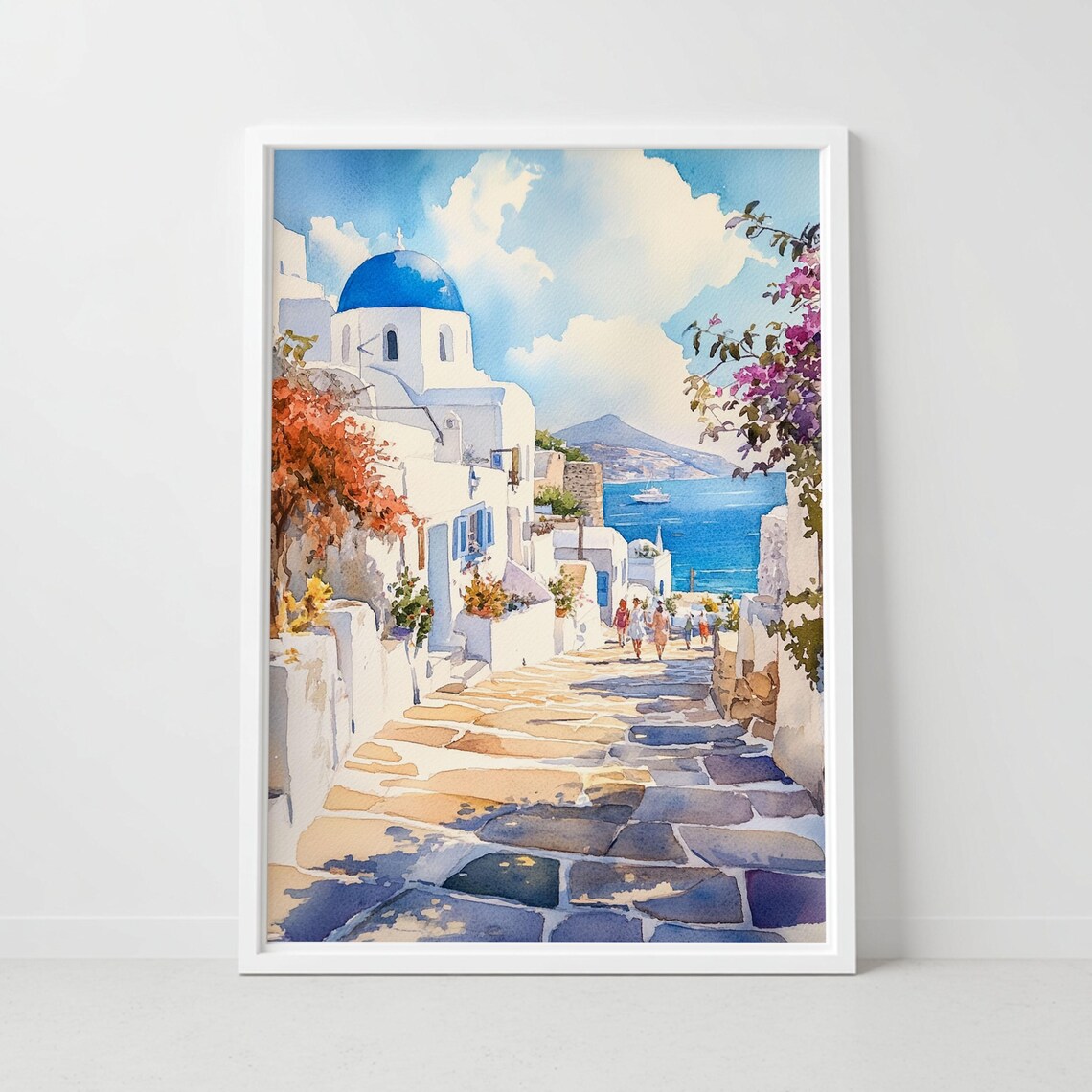 Santorini Greece Blue Dome Church Whitewashed Street Watercolor Poster