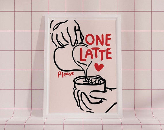 Funky One Latte Please Poster Coffee Barista Cafe Sign Caffeine Red Black Print Preppy Trendy Eclectic Wall Art Bar Retro Decor