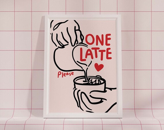 One Latte Please Pour Line Art Heart Coffee Barista Cafe Wall Print