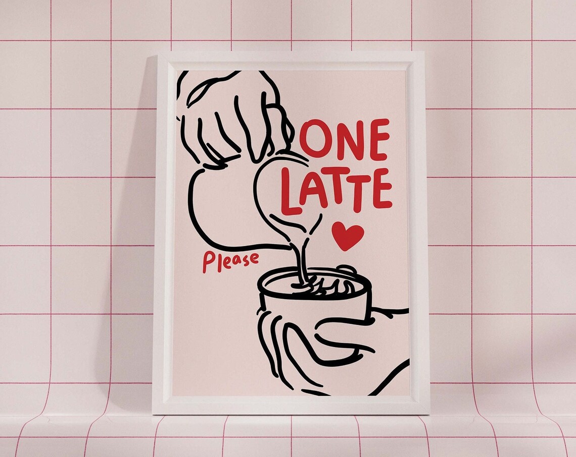 One Latte Please Pour Line Art Heart Coffee Barista Cafe Wall Print