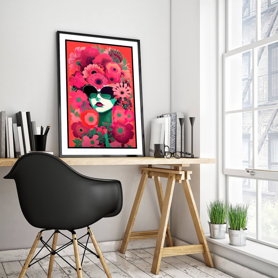 Pop Art Woman Face in Pink Flowers Sunglasses Bold Floral Poster - Image 3