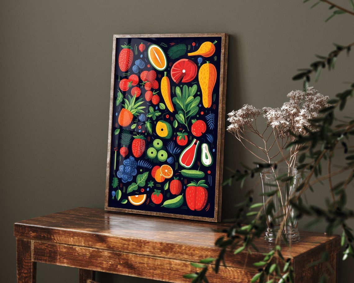 Colorful Fruits Vegetables Dark Background Kitchen Illustration Poster