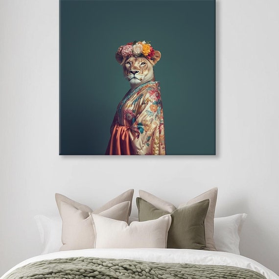 Maximalist Eclectic Fashionista Lioness Print Bold Altered Animal Portrait Fantasy Fun Colorful Flowery Rustic Vintage Floral Art