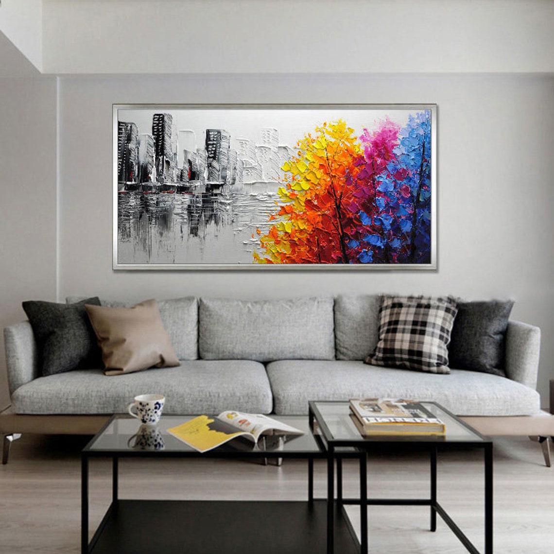 Abstract City Skyline With Colorful Autumn Trees Oil Paint Poster - Image 4