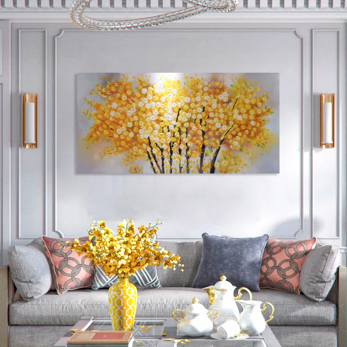 Golden Yellow Blossoming Trees Panoramic Floral Oil Painting Poster - Image 6