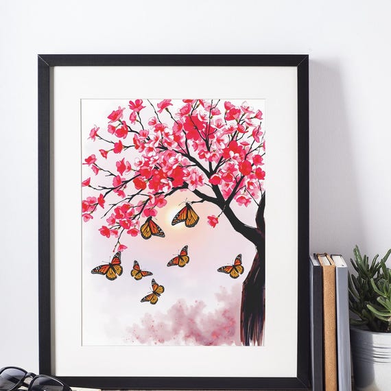 Butterflies Watercolor Cherry Blossom Art Print