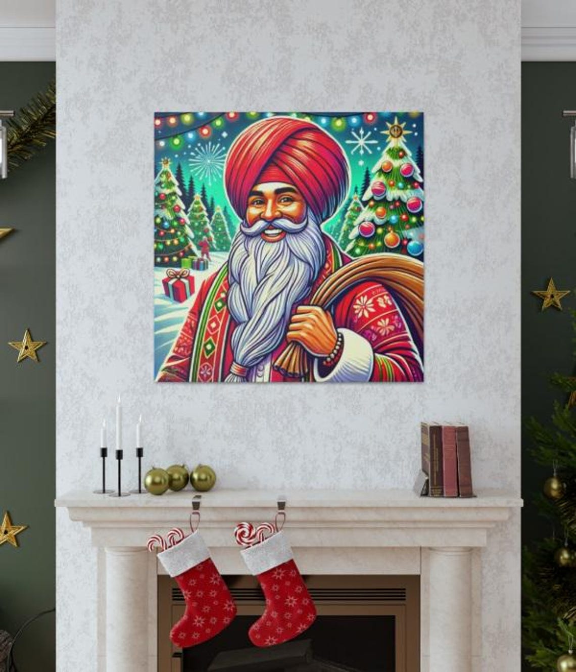 Cheerful Santa Singh with Red Turban and Gift Sack Christmas Poster
