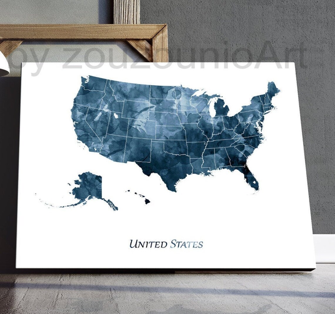 United States Map Watercolor Art Print, Navy Blue