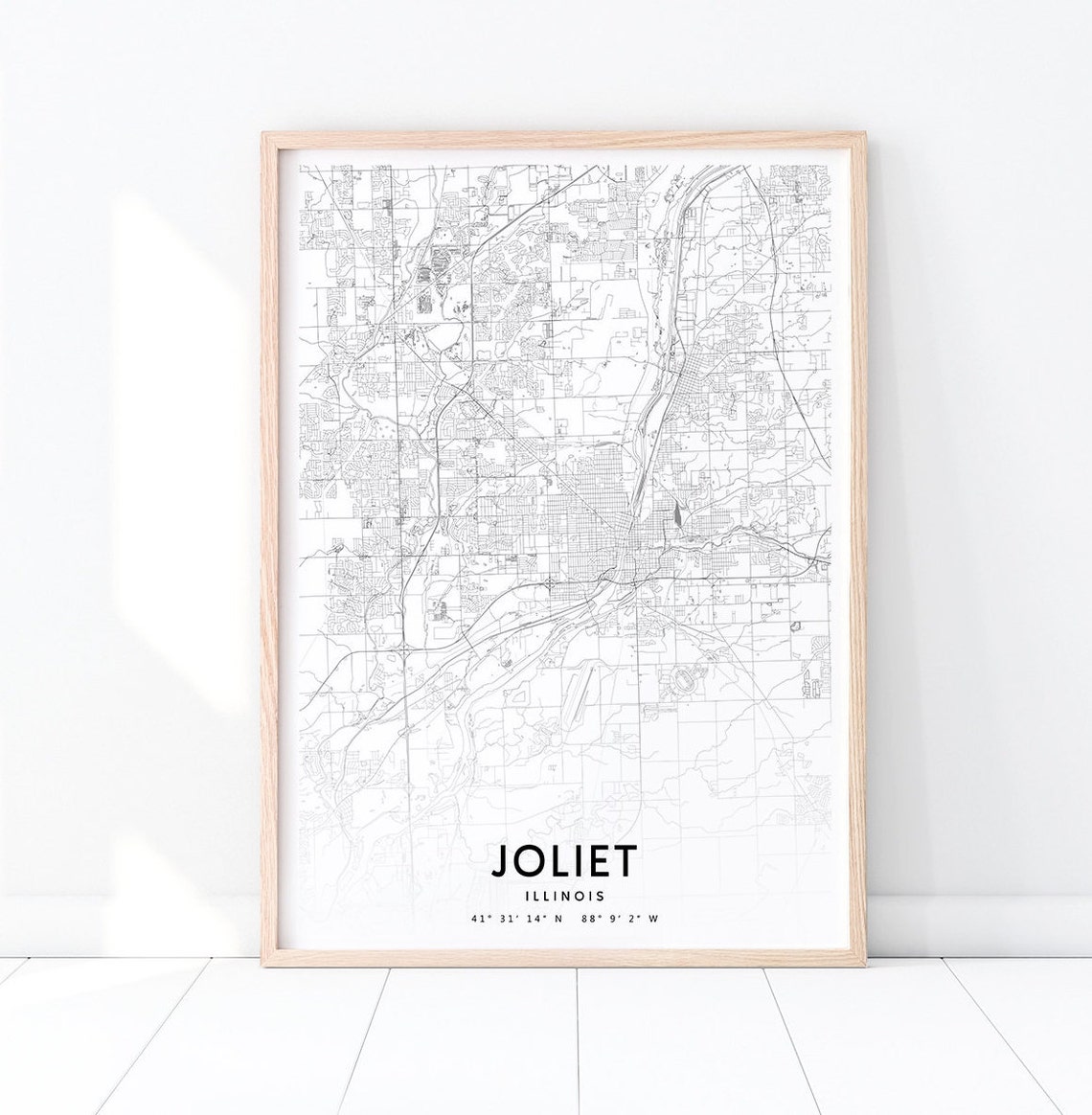 Joliet Illinois City Street Map Modern Black White Minimalist Wall Art