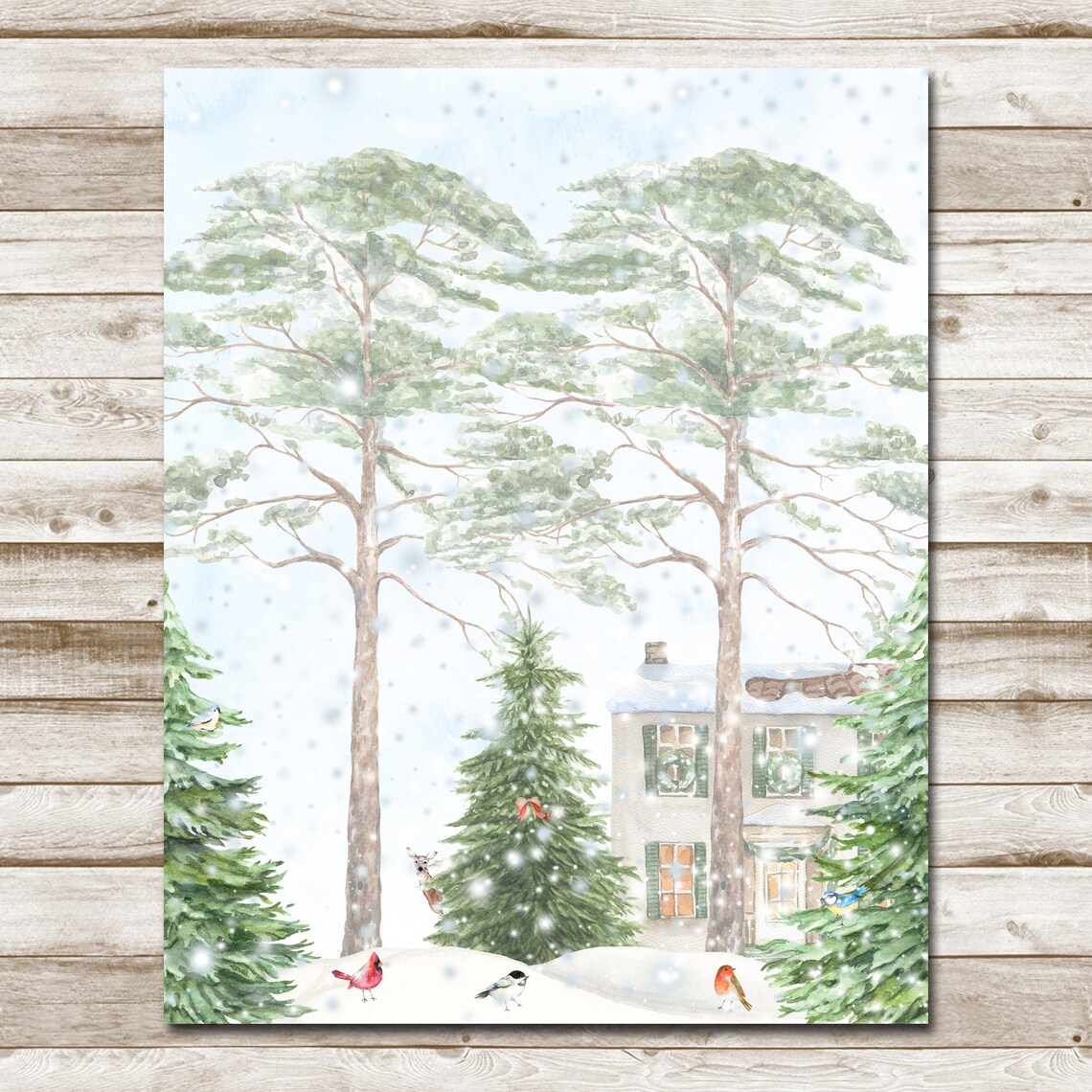 Snowy Woodland Winter Birds and Cozy Cottage Scene Holiday Poster - Image 4