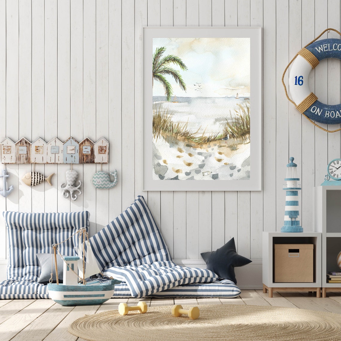 Beach Watercolor Seashore Palm Tree Seagull Sailboat Lighthouse Poster - Image 6