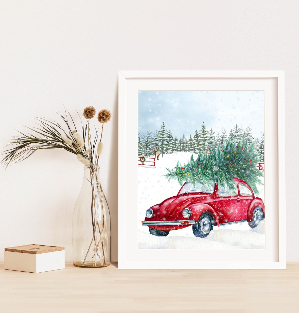 Red VW Beetle Christmas Tree Classic Snowy Pines Watercolor Poster - Image 3