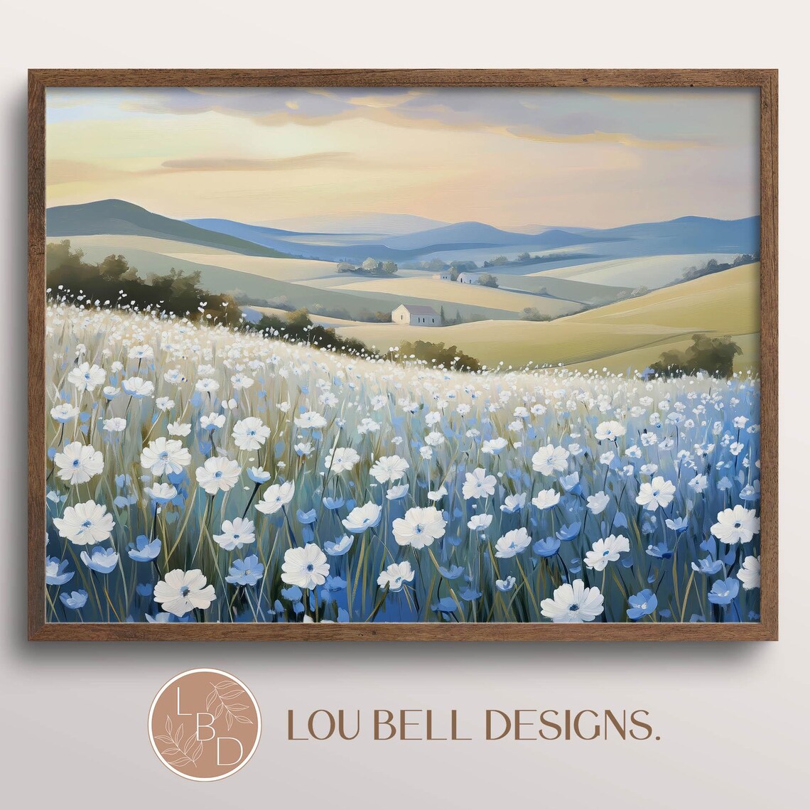 Blue and White Wildflower Meadow Sunset Hillside Country Art Print - Image 8