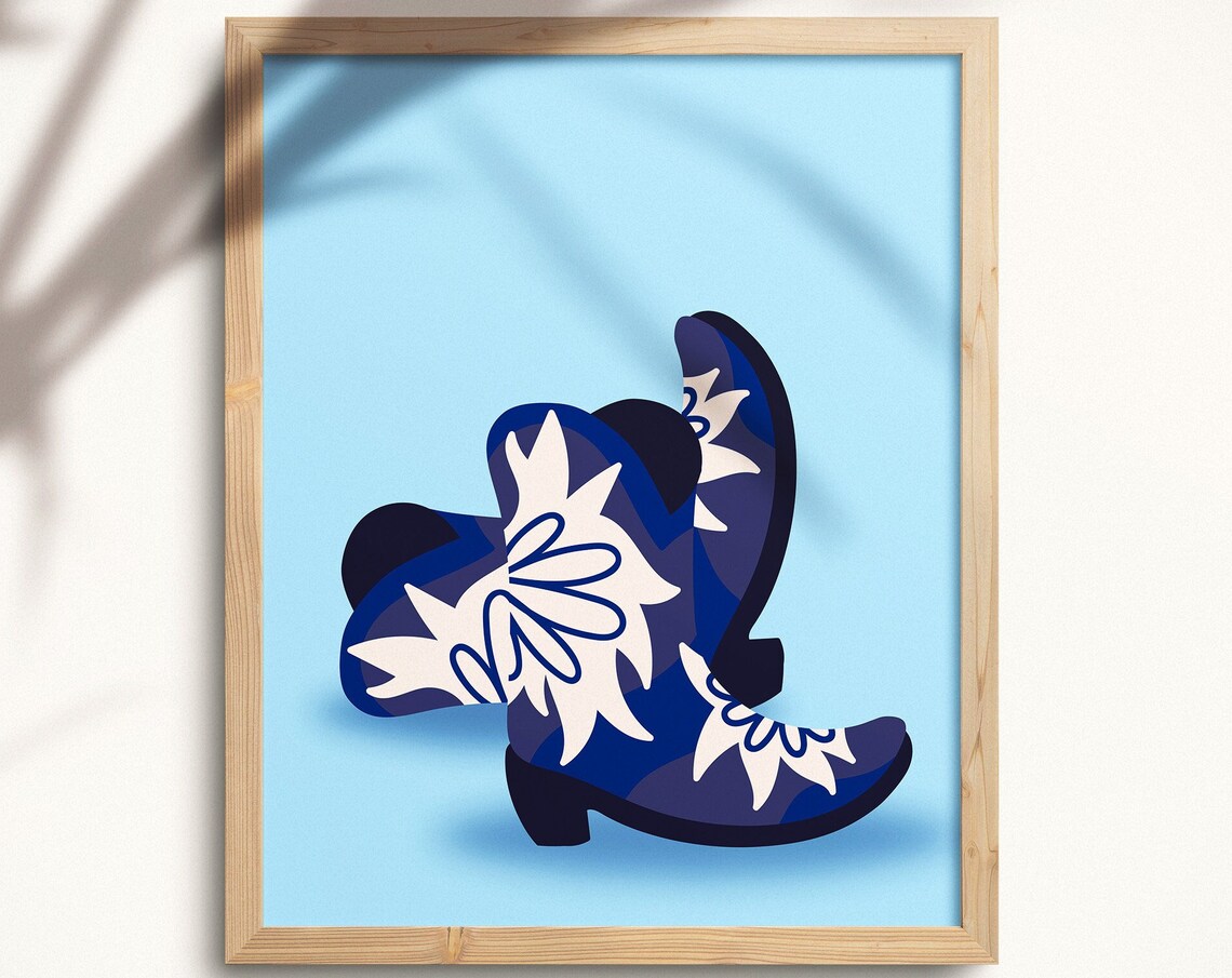 Blue Floral Cowboy Boots Coastal Cowgirl Western Style Wall Art