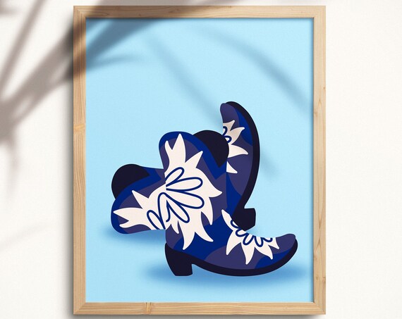 Blue Floral Cowboy Boots Coastal Cowgirl Western Style Wall Art