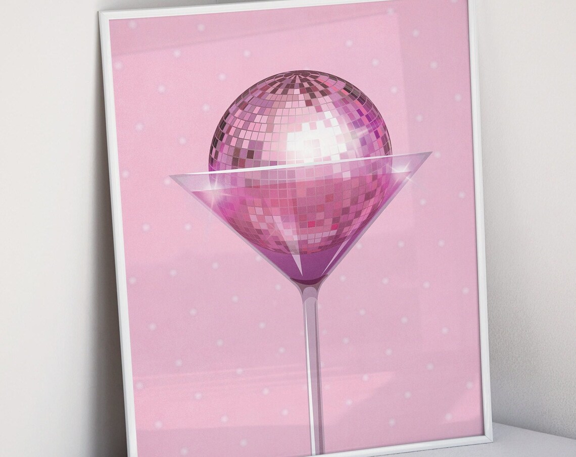 Pink Disco Ball Martini Glass Cocktail Bar Cart Decor Art Poster - Image 3