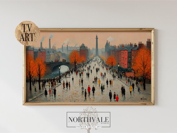 Autumn Town Square Frame Tv Art Bustling City Scene Fall Urban Landscape Rustic Wall Decor Vintage Style 38