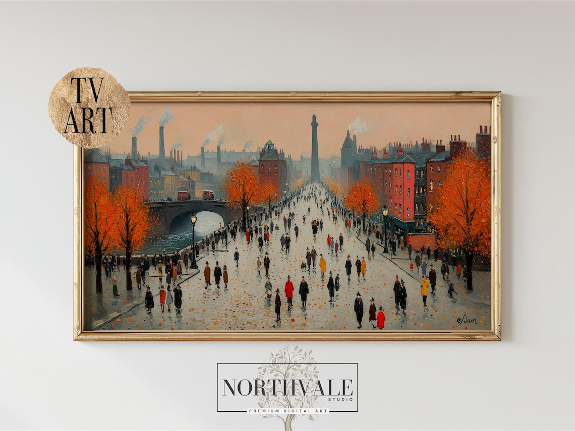 Autumn Town Square Bustling Street Crowd Scene TV Art Poster