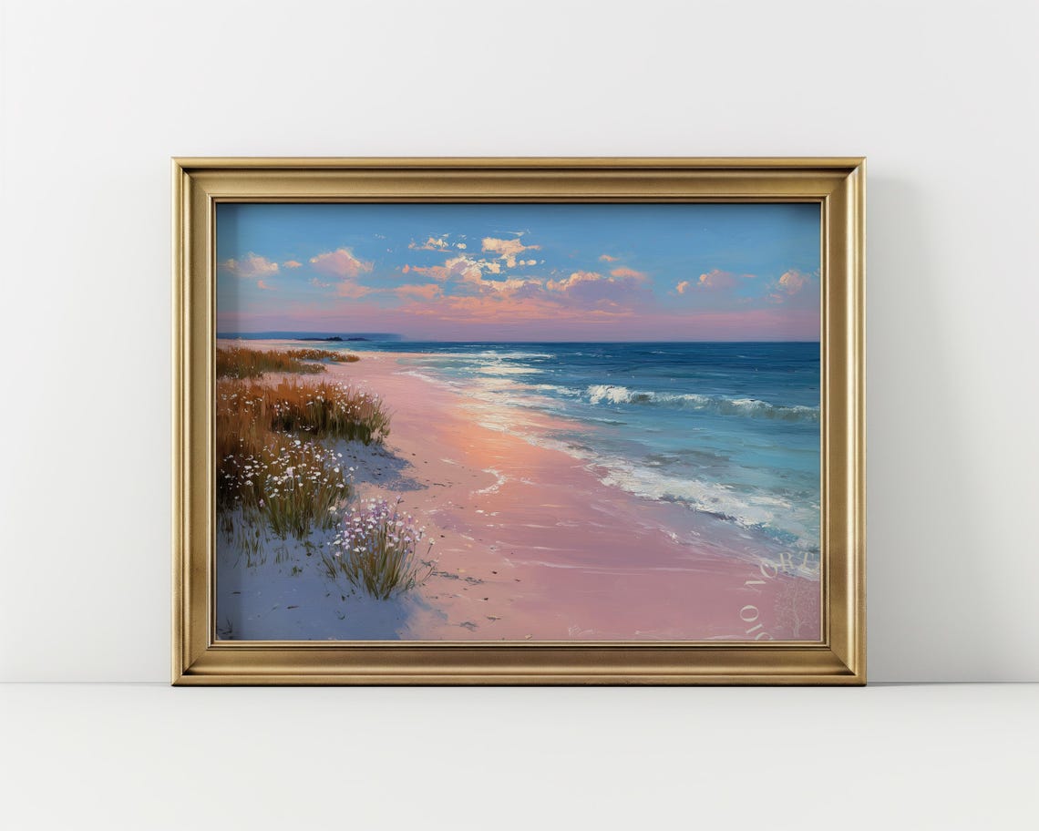 Pastel Pink Coastal Horizon Beach Waves Wildflowers Seaside Print