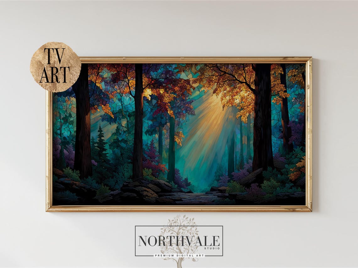 Ancient Forest Sunbeams Stained Glass Style Nature TV Art Poster