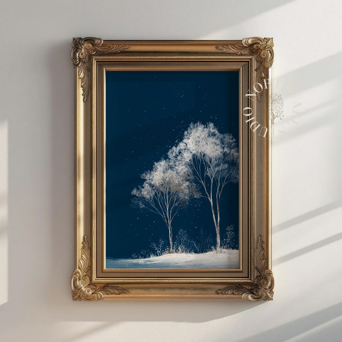 Minimalist Snowy White Trees Deep Blue Starry Winter Night Poster