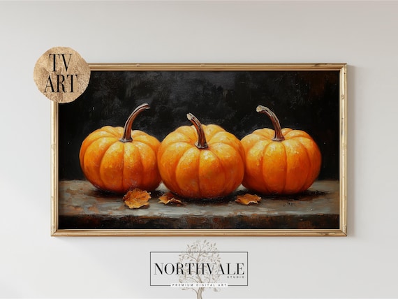 Three Orange Pumpkins Rustic Still Life Autumn Oil Painting Poster