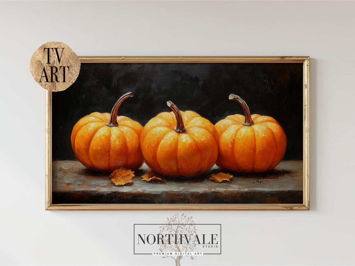 Three Orange Pumpkins Rustic Still Life Autumn Oil Painting Poster