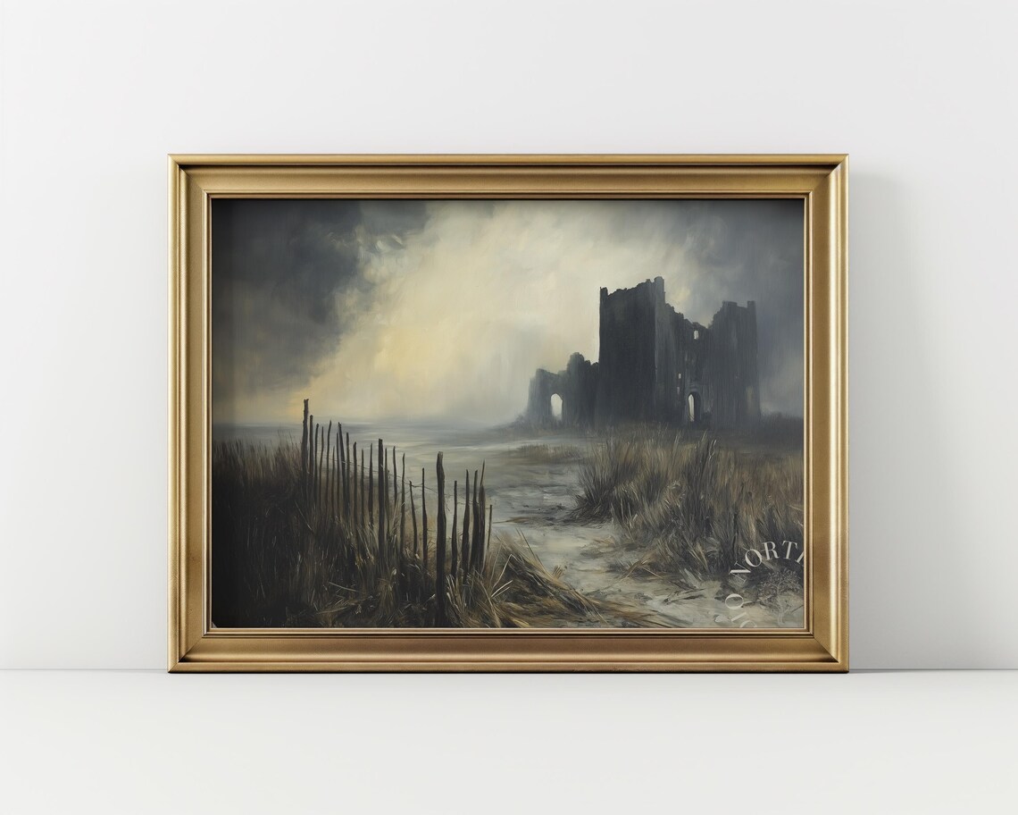 Moody Castle Ruins Desolate Shore Stormy Sky Dark Vintage Oil Painting Poster