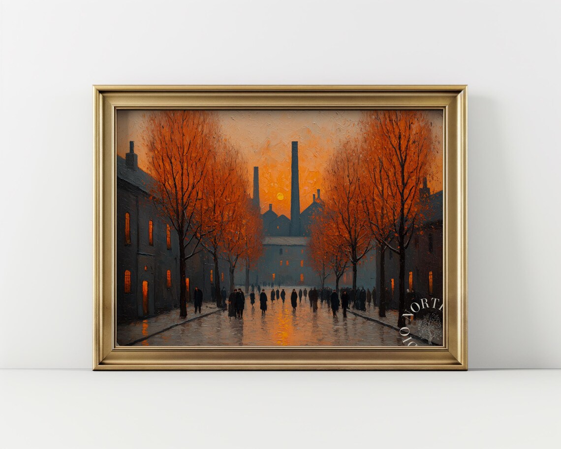 Industrial Autumn Street Oil Painting Fiery Orange Trees Factory Sunset Poster