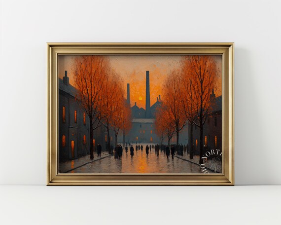 Industrial Autumn Scene Factory Buildings Oil Painting Fiery Trees Rustic Urban Decor Vintage Cityscape Wall Art 191
