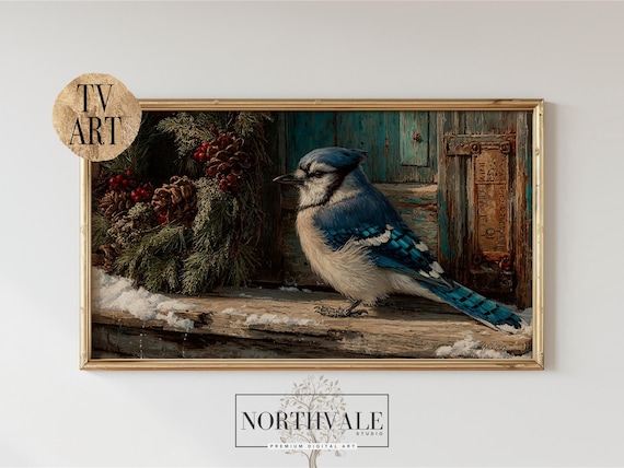 Blue Jay Winter Bird Rustic Snowy Fence Vintage Tv Art Poster