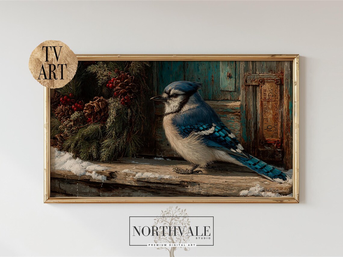 Blue Jay Winter Bird Rustic Snowy Fence Vintage Tv Art Poster