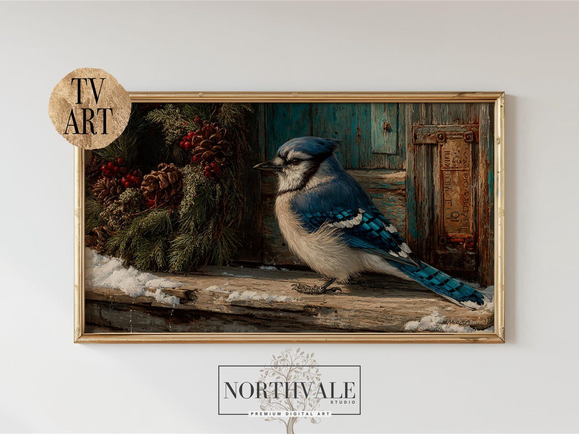 Rustic Blue Jay Christmas Tv Art Frame Painting Winter Bird Holiday Decor Samsung Nature Scene 100