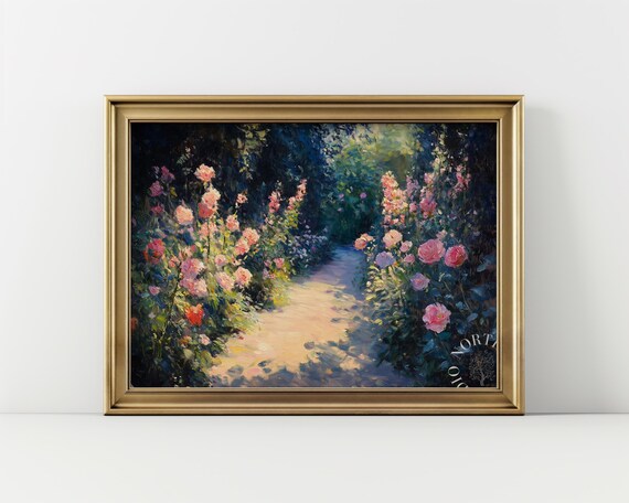 Cottage Garden Path Blooming Pink Roses Sunlight Floral Oil Painting Poster