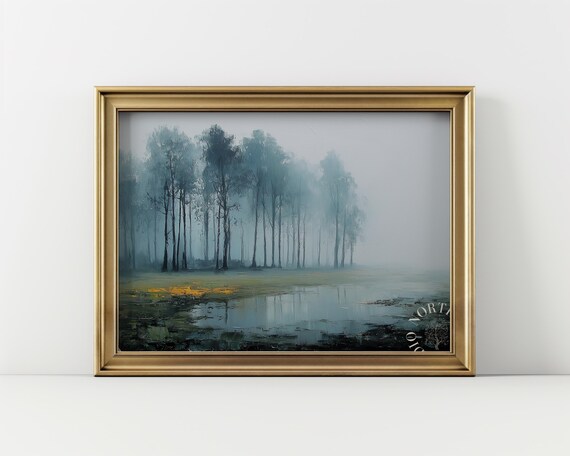 Foggy Treeline Lake Reflection Blue Mist Moody Landscape Oil Poster