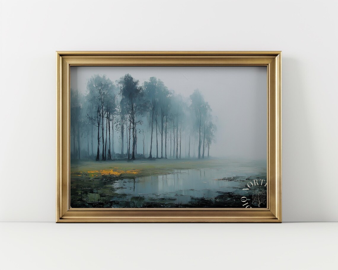 Foggy Treeline Lake Reflection Blue Mist Moody Landscape Oil Poster