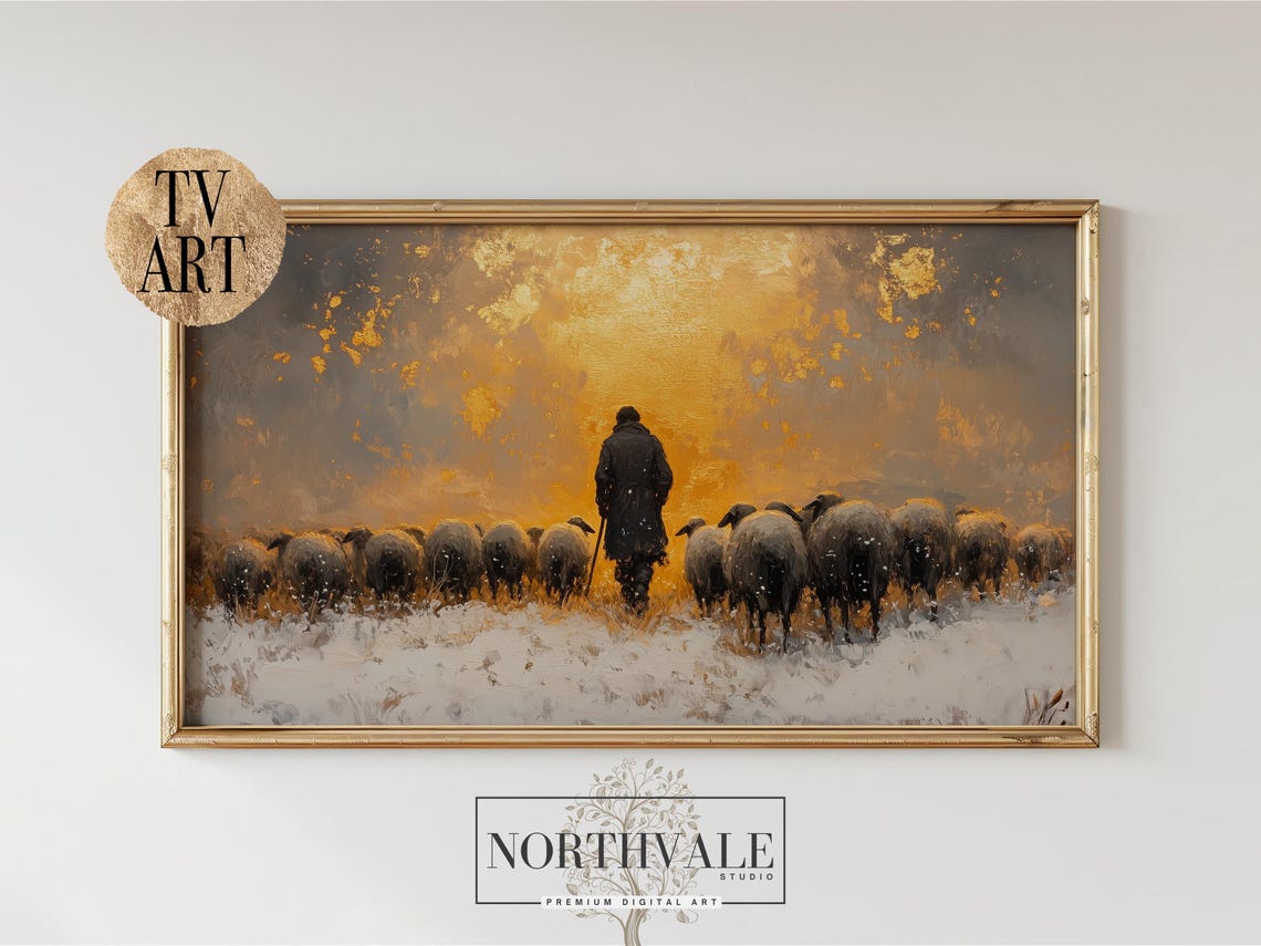 Shepherd With Sheep Snowy Sunrise Oil Painting Rustic Poster