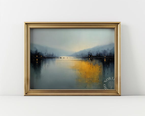 Atmospheric Oil Painting Minimalist Landscape Tranquil River Scene Neutral Tones Wall Art Calm Water Reflection Decor 213