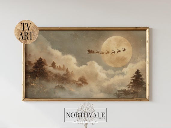 Dreamy Vintage Victorian Christmas Frame Tv Art Santa Sleigh In Moonlight Cozy Holiday Decor Oldworld Storybook 261