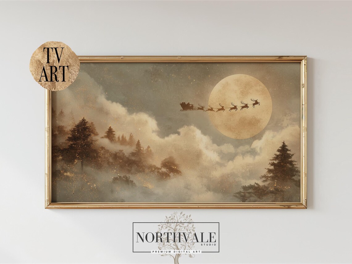 Santa Sleigh Reindeer Moonlit Night Sky Vintage Tv Art Poster