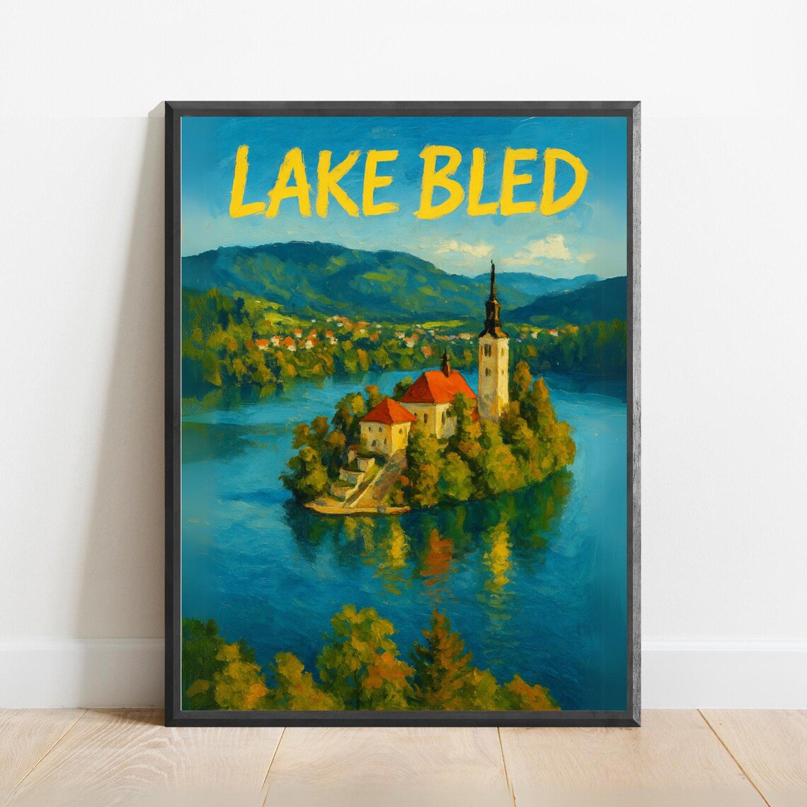 Lake Bled Island Church on Blue Water Slovenia Scenic Travel Poster