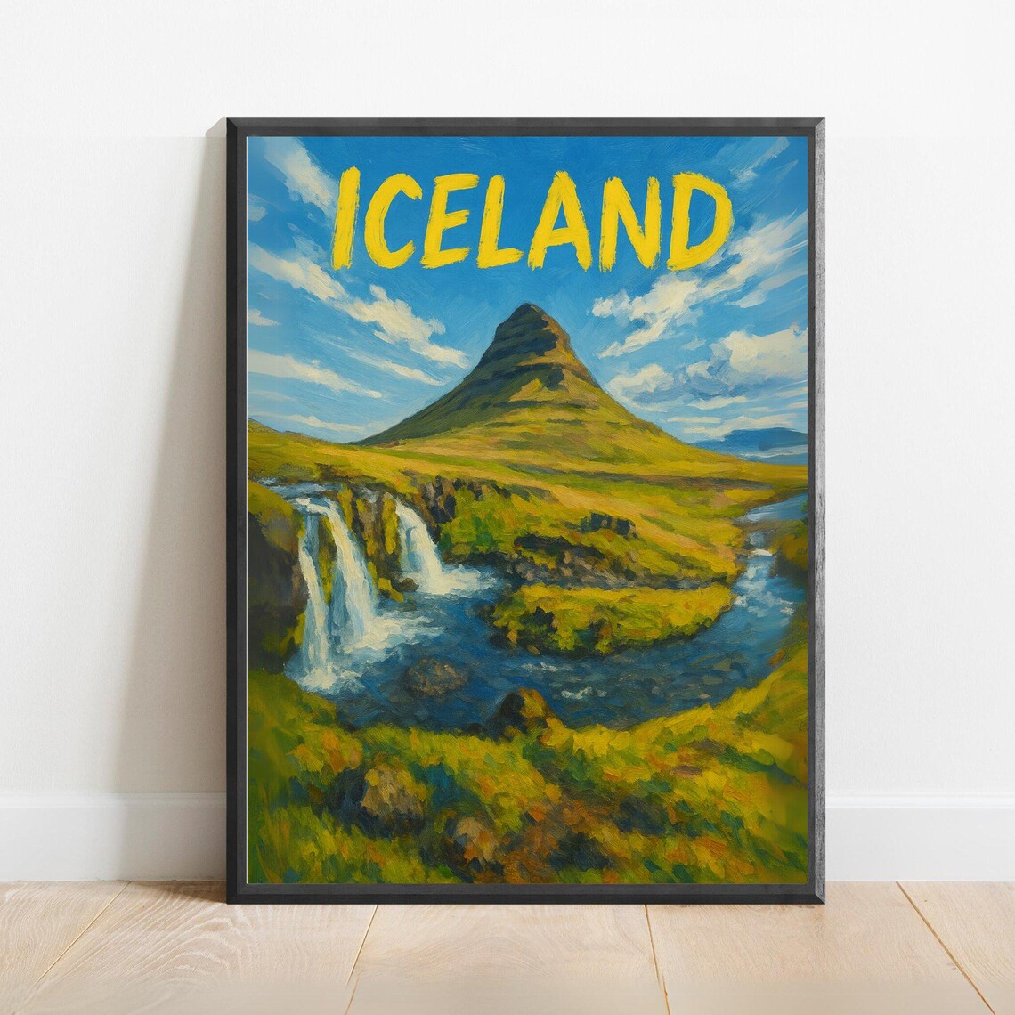 Iceland Kirkjufell Mountain Waterfall Painted Nordic Travel Poster