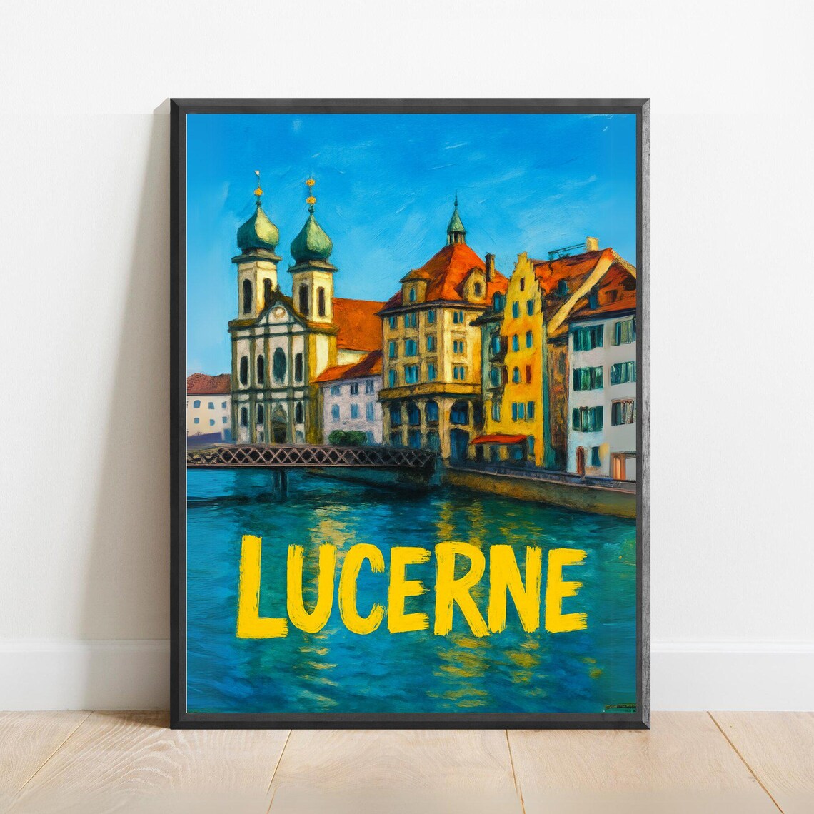 Lucerne Switzerland Old Town Riverside Churches Evening Poster