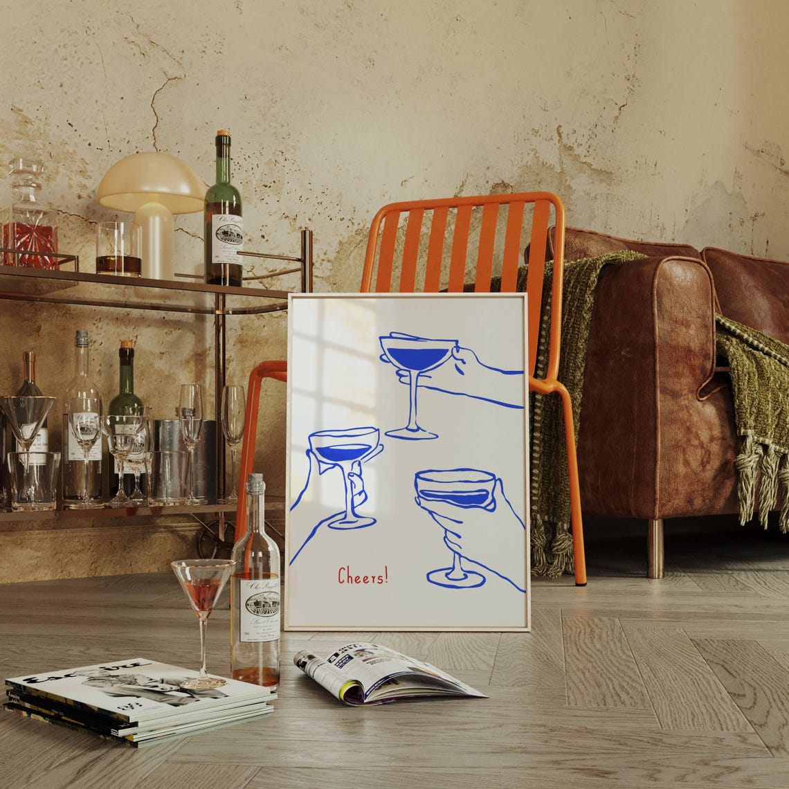 Cheers Fun Blue Line Art Cocktail Hands Minimalist Bar Cart Poster - Image 2