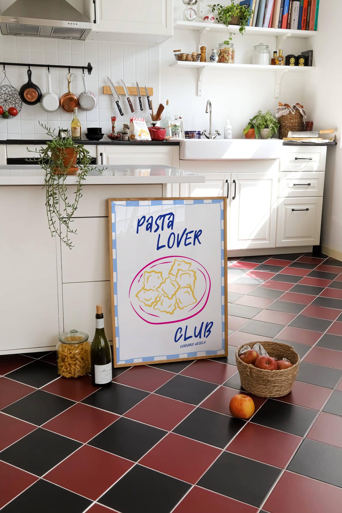 Pasta Lover Club Fun Ravioli Plate Checkered Border Kitchen Poster - Image 2