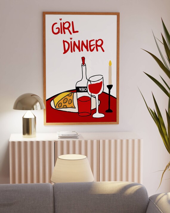 Girl Dinner Poster Bar Cart Art Decor Red Wall 70s Print Trendy Kitchen Preppy Prints